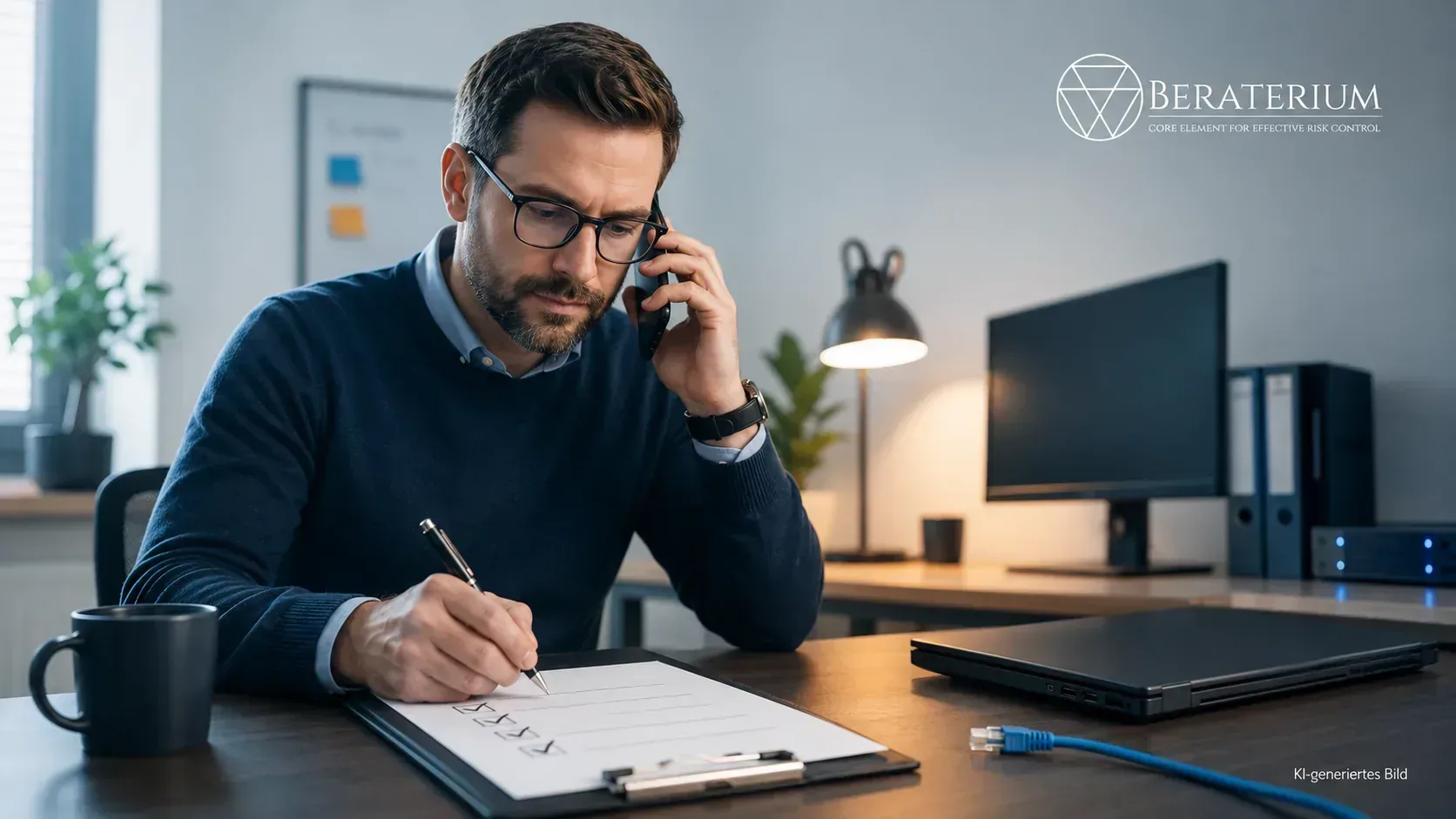 IT-Verantwortlicher in einem KMU arbeitet konzentriert eine Notfall-Checkliste nach einem Cyberangriff ab