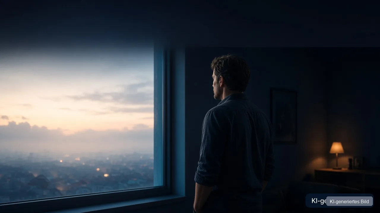 Quiet morning light on a man at a window, standing still with presence rather than posing or collapsing