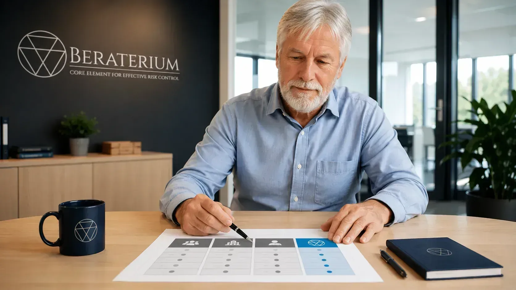 Mittelständische Geschäftsführerin vergleicht Risikomanagement-Anbieter an einem Besprechungstisch mit Vergleichstabelle