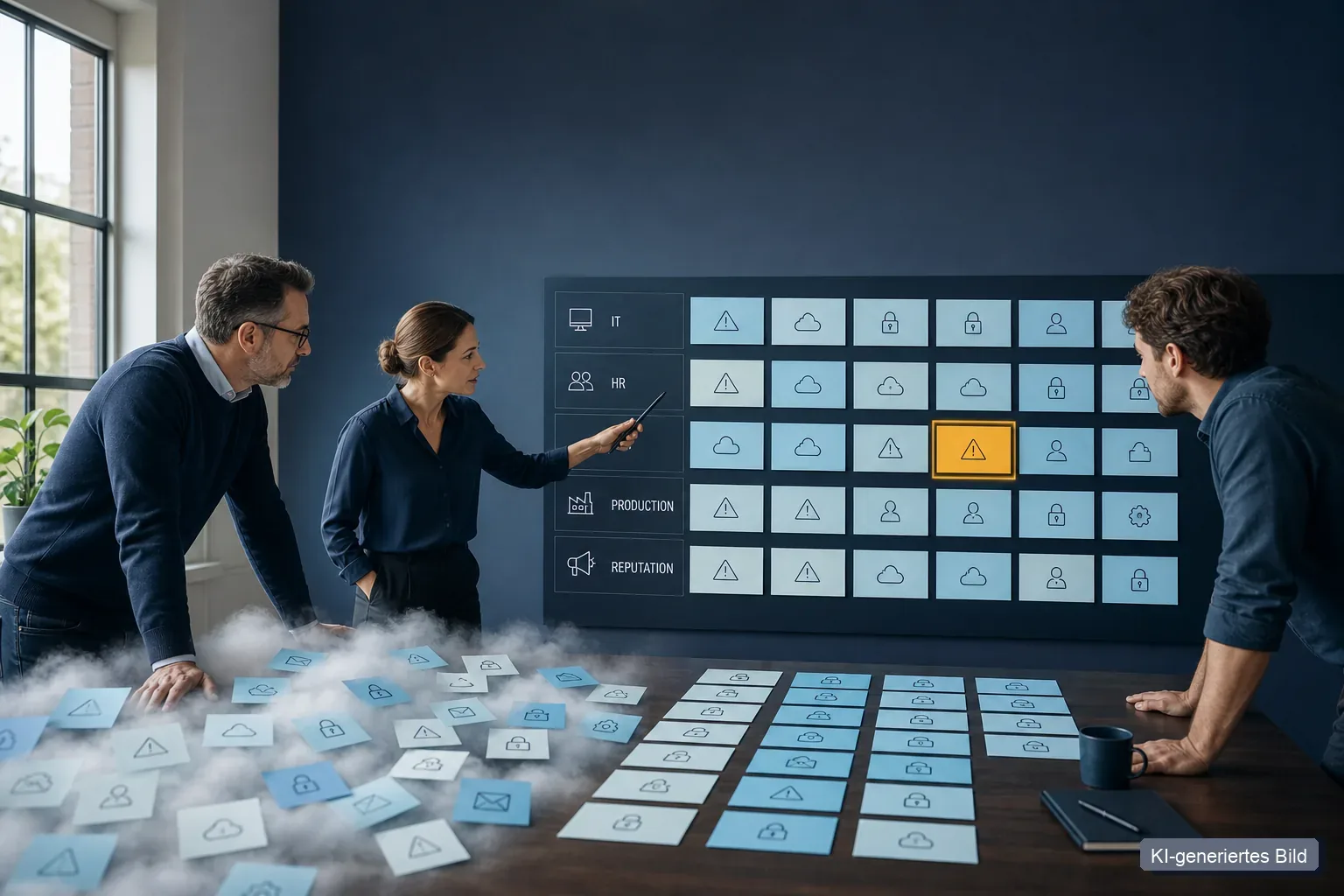 Entrepreneur untangling a cloud of risk sticky notes into a structured hazard catalogue on a workshop table