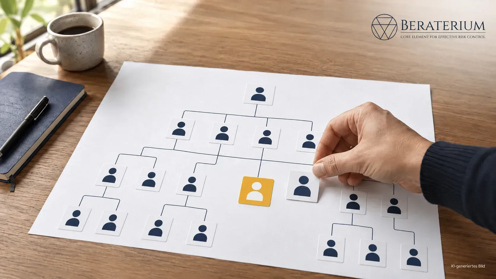 Organigramm auf einem Tisch mit einer hervorgehobenen Schlüsselperson, um die sich alle Verbindungen bündeln