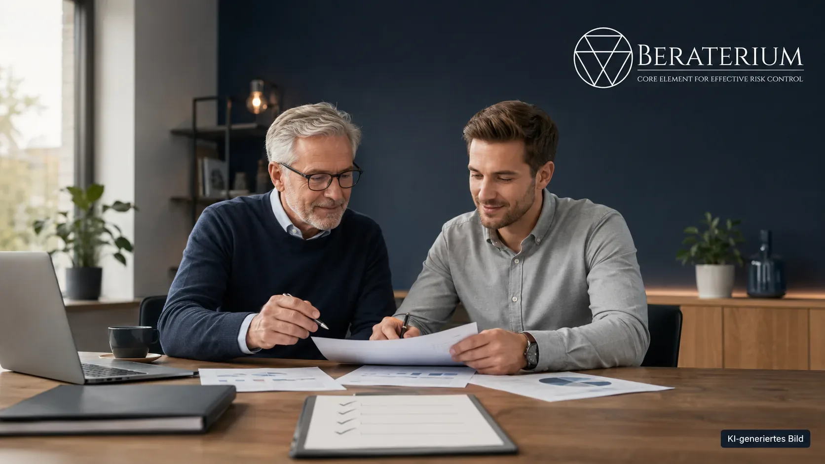Zwei Generationen am Konferenztisch mit Übergabe-Checkliste und Unternehmensunterlagen bei der Nachfolgeplanung