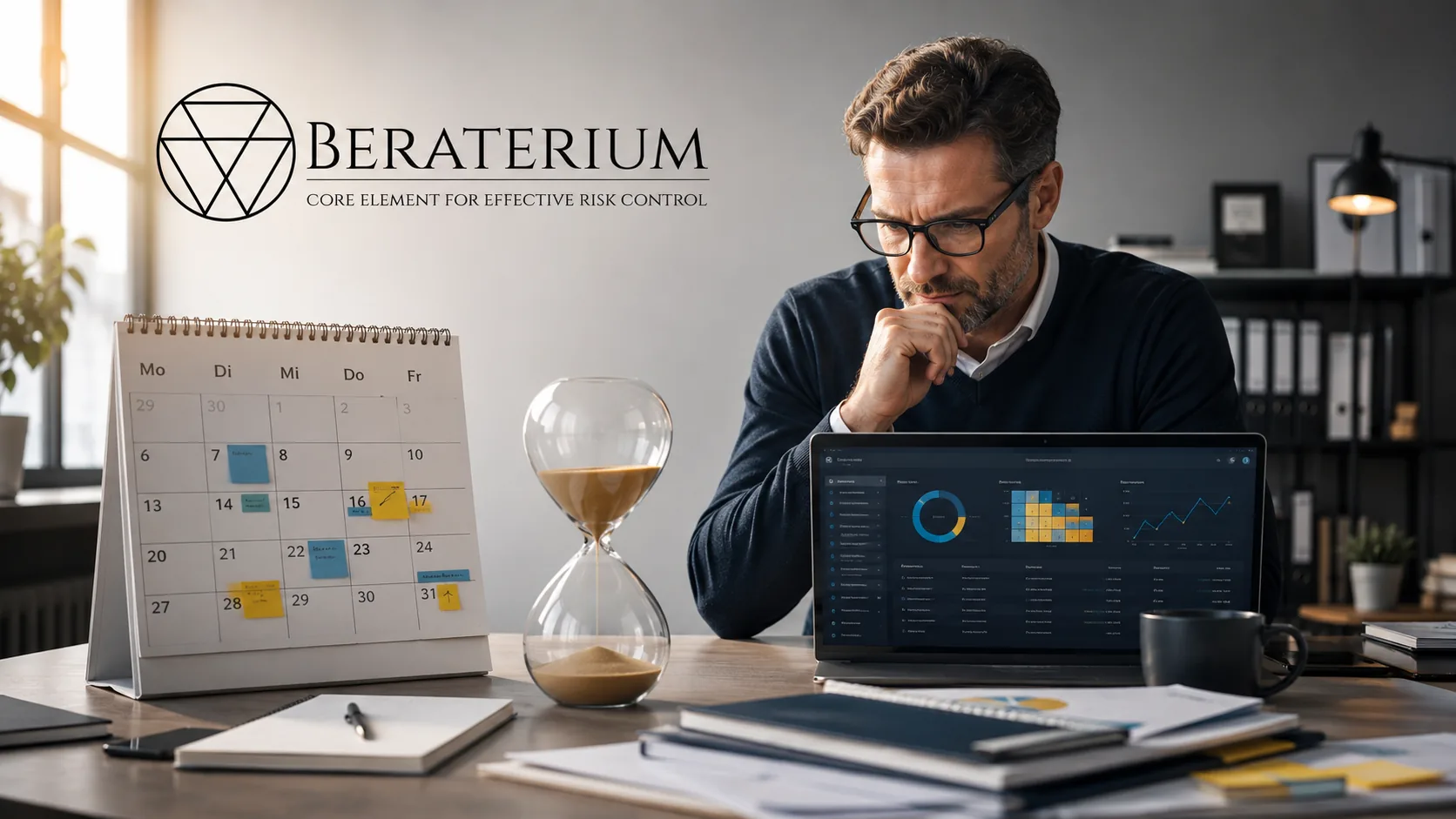 Entrepreneur reviewing time allocation on calendar beside risk dashboard in modern office