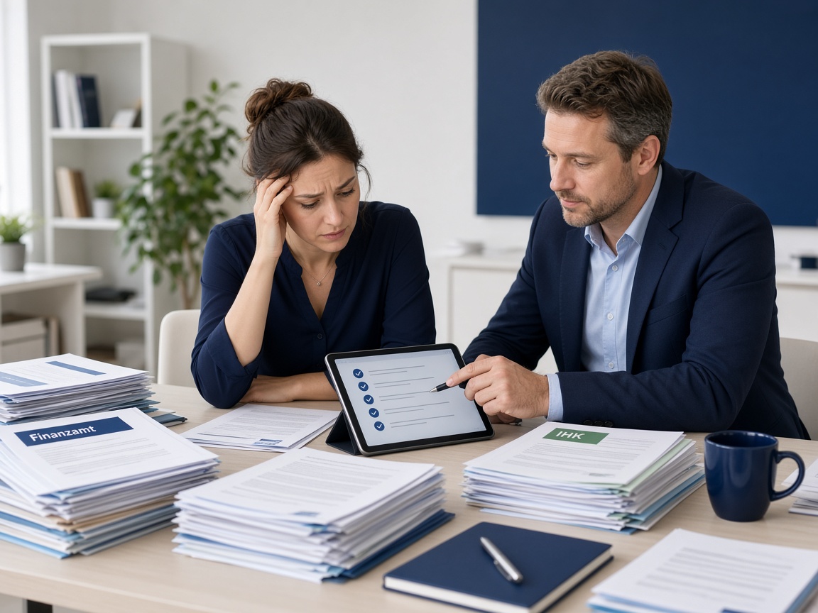 Berater und Unternehmerin sortieren Unterlagen zu Finanzamt, IHK und Compliance