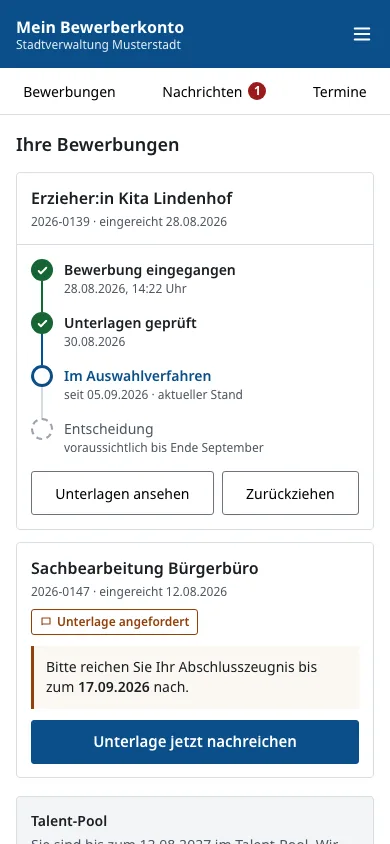 Oberflächenentwurf: Bewerberkonto mit Zeitstrahl und Reitern