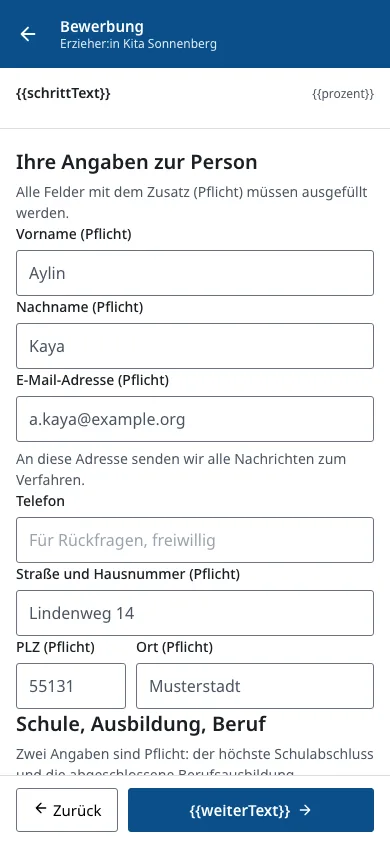 Oberflächenentwurf: mobiles Bewerbungsformular in fünf Schritten