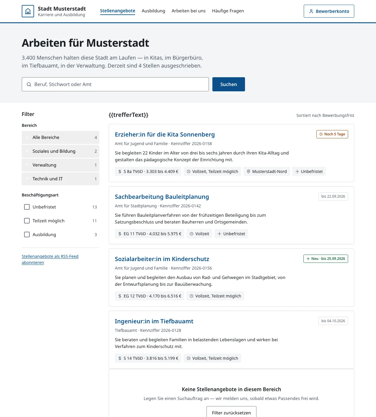 Oberflächenentwurf: öffentliche Stellenbörse mit Filter und Stellenkarten